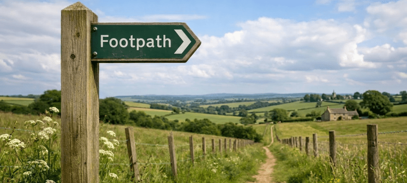 Green signpost with 'Footpath' and arrow pointing right beside a dirt path through grassy fields