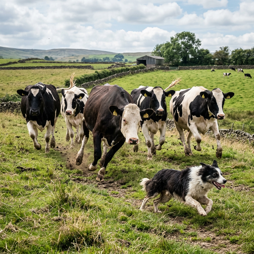 Border Collie leading and herding five black and white cows across a grassy farm field