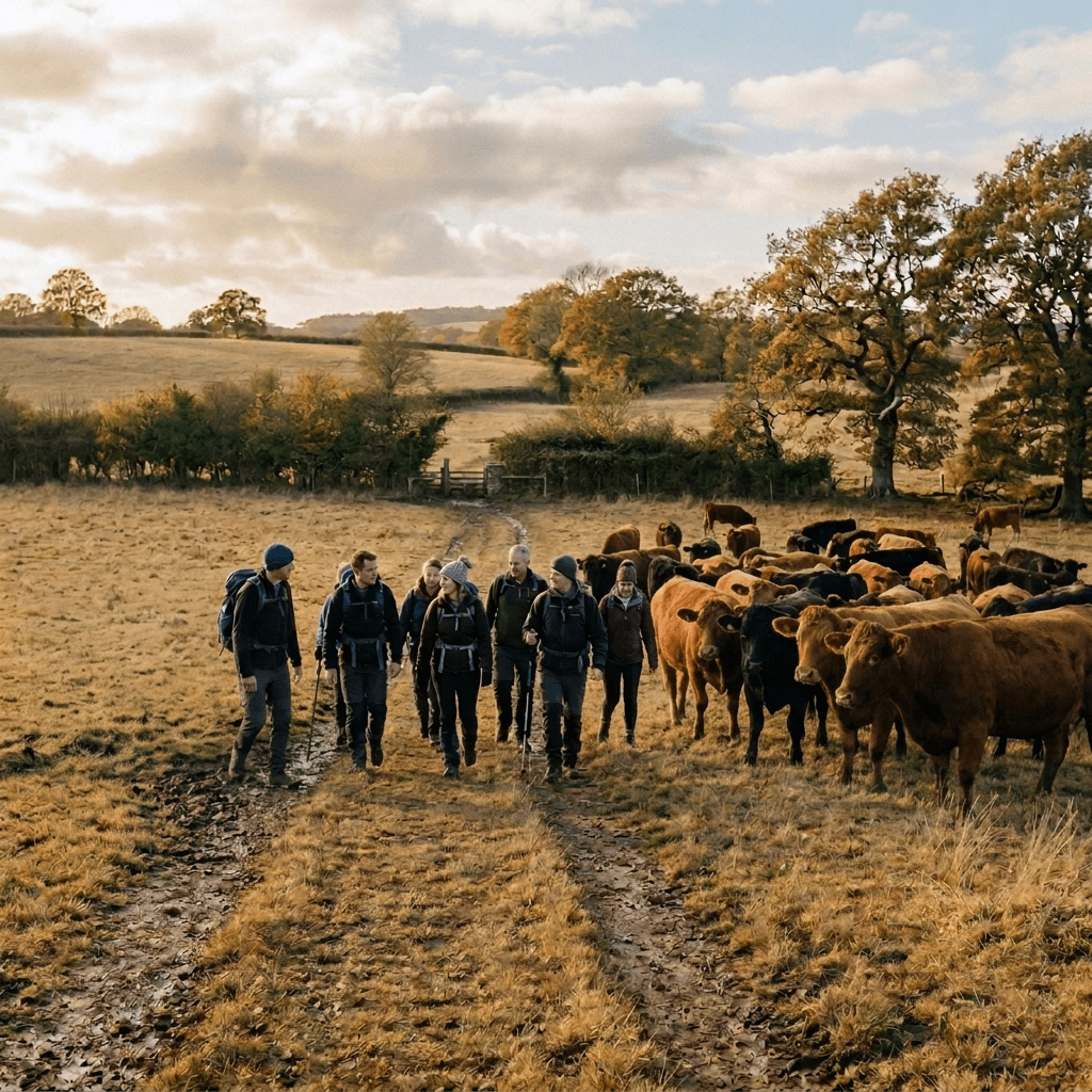 Six hikers walking along a dried grassy field path through a field with cattle