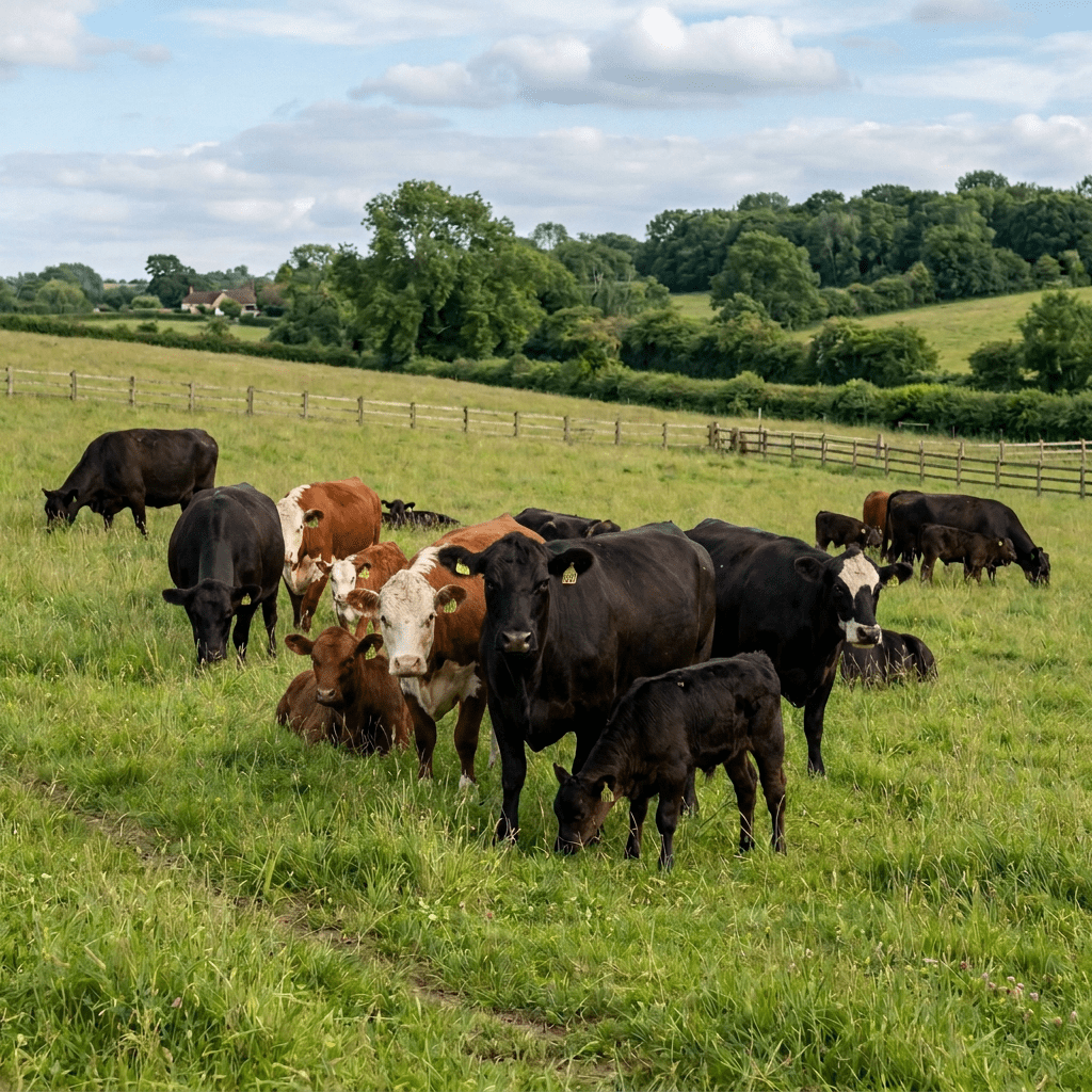 Cattle grazing in a green meadow with trees, fences, and distant farmhouses